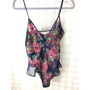 Vintage Victorias Secret Floral Dark Blue Teddy Thong Bodysuit Size Large 90s